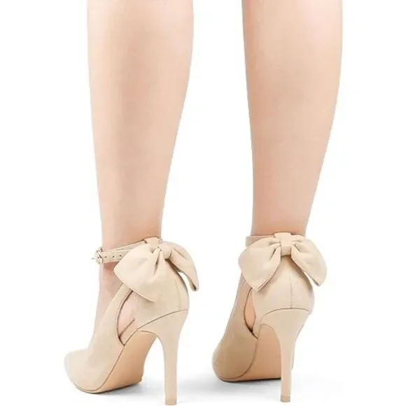 Womens Bow Knot Cream High Heels Pointed Toe Stiletto Ankle Strap D'Orsay Pumps